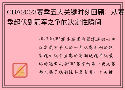 CBA2023赛季五大关键时刻回顾:从赛季起伏到冠军之争的决定性瞬间 CBA2023赛季五大关键时刻回顾:从赛季起伏到冠军之争的决定性瞬间