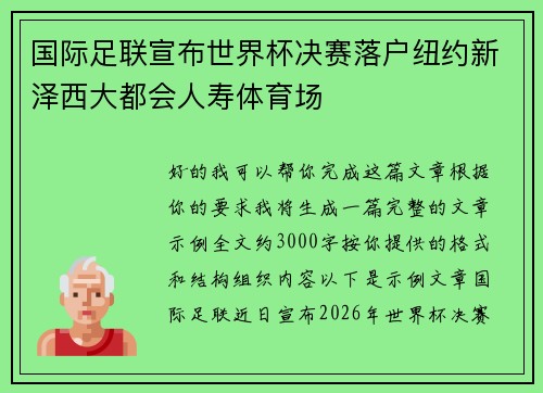 国际足联宣布世界杯决赛落户纽约新泽西大都会人寿体育场